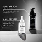 medik8 liquid peptides advance MP, woman holding black pump bottle, infographic image comparing to Medik8 liquid peptides, advanced wrinkle treatment, visibly plums and smooths, topical application, clinically proven results, diminishes expression lines in 10 minutes, deep set wrinkle in 8 weeks