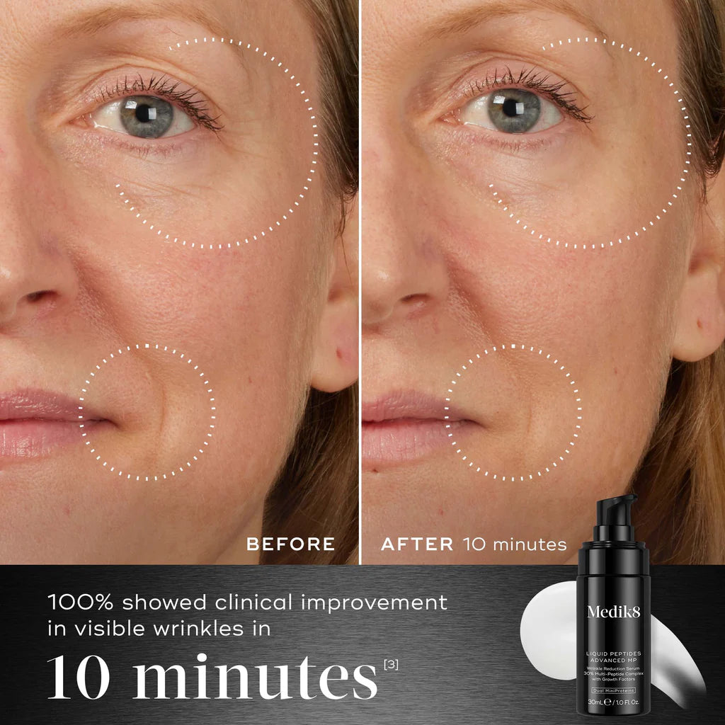 medik8 liquid peptides advance MP, black pump bottle, infographic images showing results, advanced wrinkle treatment, topical application, clinically proven results, improves the look of deep wrinkles