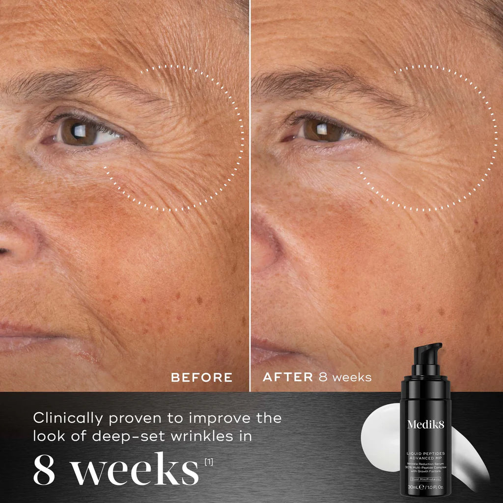 medik8 liquid peptides advance MP, black pump bottle, infographic images showing results, advanced wrinkle treatment, topical application, clinically proven results, improves the look of deep wrinkles