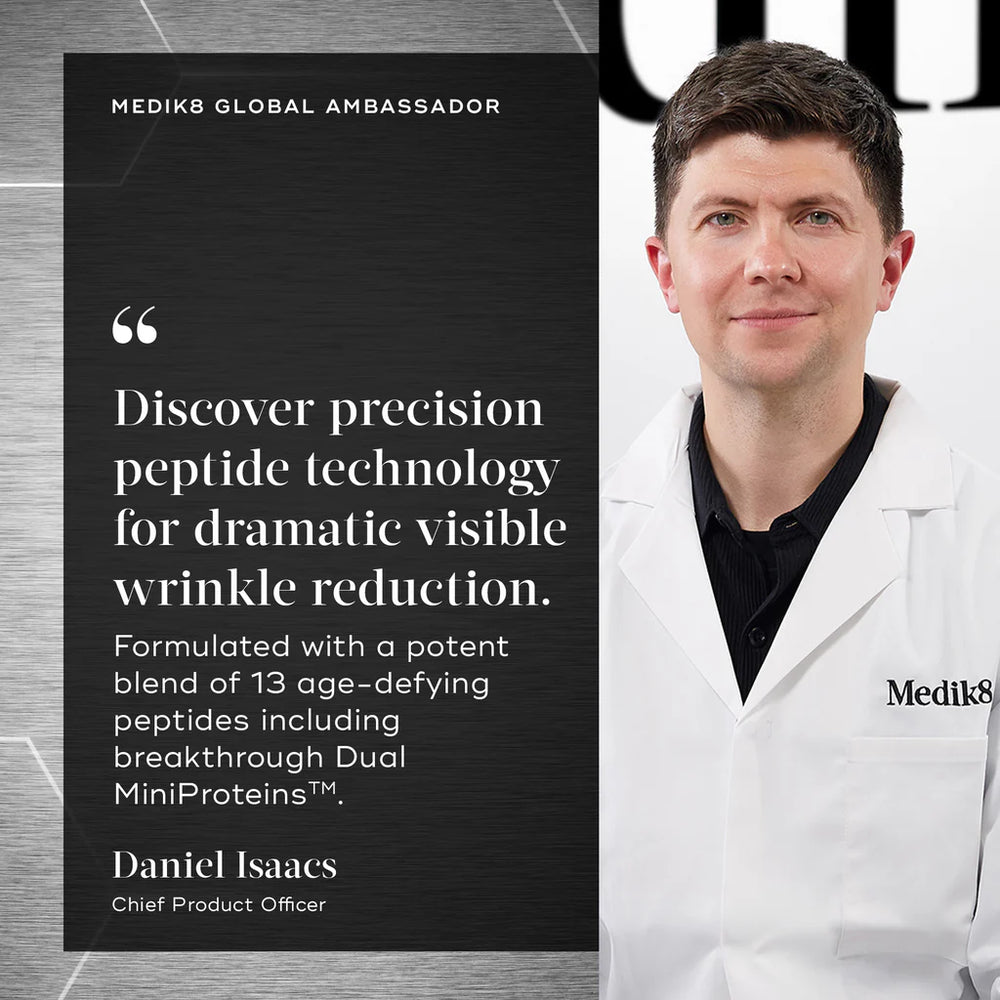 medik8 liquid peptides advance MP, infographic image detailing results, advanced wrinkle treatment, formulated with a potent blend of 13 age-defying peptides, clinically proven results, daniel isaacs endorces, diminishes expression lines in 10 minutes, deep set wrinkle in 8 weeks