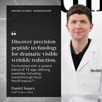 medik8 liquid peptides advance MP, infographic image detailing results, advanced wrinkle treatment, formulated with a potent blend of 13 age-defying peptides, clinically proven results, daniel isaacs endorces, diminishes expression lines in 10 minutes, deep set wrinkle in 8 weeks