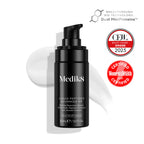 medik8 liquid peptides advance MP,  black pump bottle, infographic image detailing results, advanced wrinkle treatment, topical application, clinically proven results,certified by women's health, CEW beauty ward winner