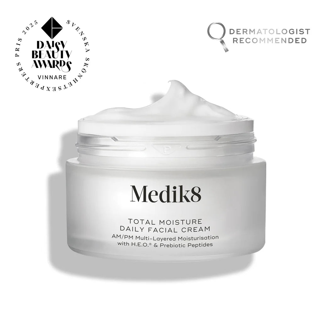 Medik8 Total Moisture Daily Facial Cream jar with branding and awards on a white background