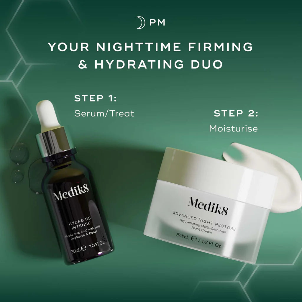 Medik8 nighttime firming and hydrating duo with serum and cream on a green background