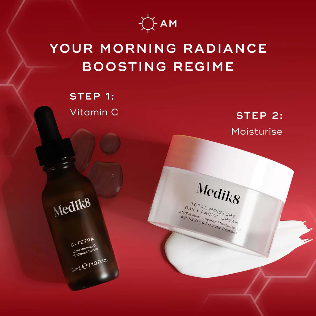 Medik8 skincare products on a red background with text about a morning radiance boosting regime.