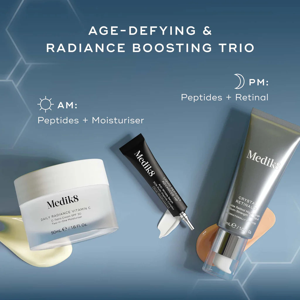 Medik8 skincare products for age-defying and radiance boosting on a blue background
