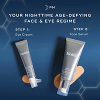 Two Medik8 skincare products on a blue background with text about a nighttime age-defying regime.