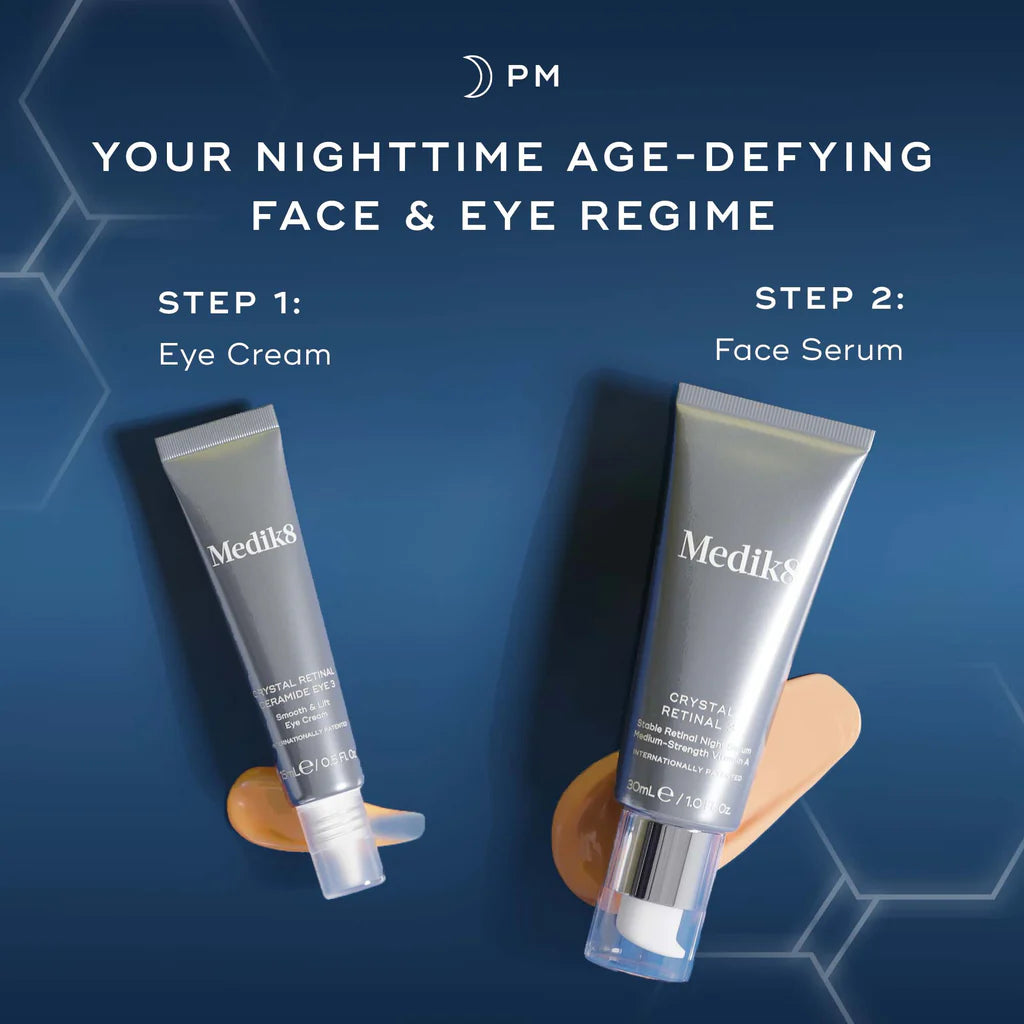 Two Medik8 skincare products on a blue background with text about a nighttime age-defying regime.