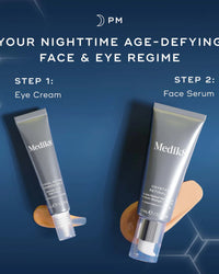 Two Medik8 skincare products on a blue background with text about a nighttime age-defying regime.