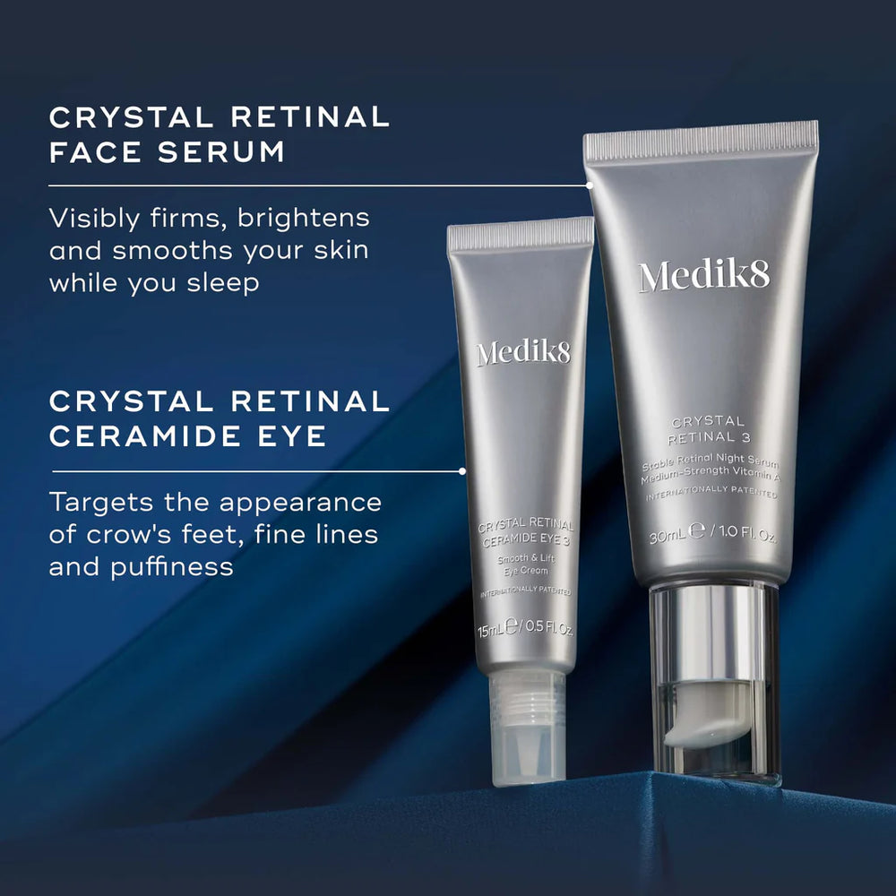 Two Medik8 skincare products on a blue background with product descriptions.