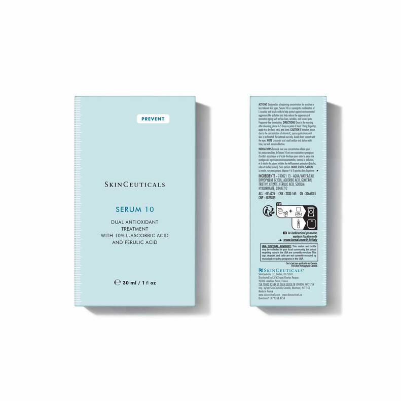 SkinCeuticals Serum 10 packaging with front and back views on a white background