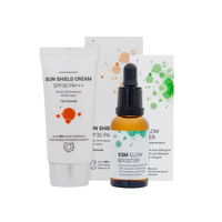 ClinicCare Sun Shield Cream SPF30 tube and X3M Glow Booster dropper bottle on white background