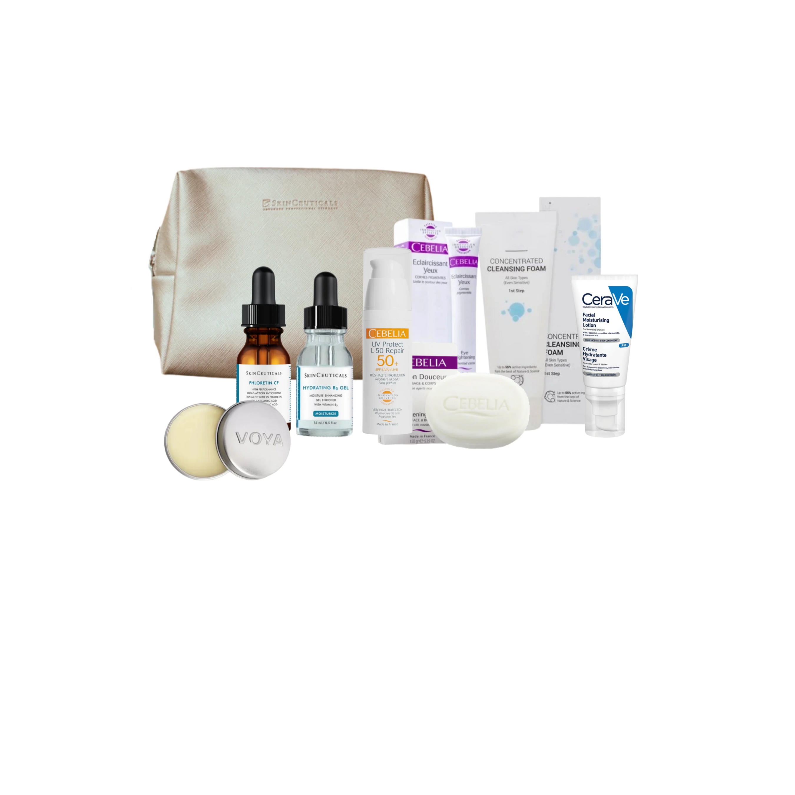 Collection of skincare products including bottles, jars, and a pouch on a white background