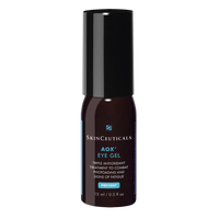 A bottle of SkinCeuticals AOX+ Eye Gel, which is a skincare product designed to diminish the appearance of wrinkles and dark circles around the eye area.