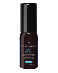 A bottle of SkinCeuticals AOX+ Eye Gel, which is a skincare product designed to diminish the appearance of wrinkles and dark circles around the eye area.