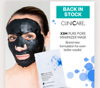 Model wearing ClinicCare X3M Pure Pore Minimizer charcoal sheet mask, back in stock