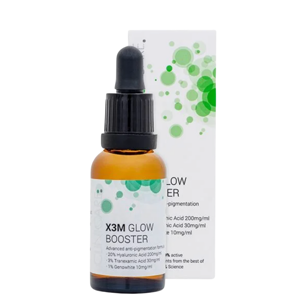 ClinicCare X3M Glow Booster skincare product with a dropper,