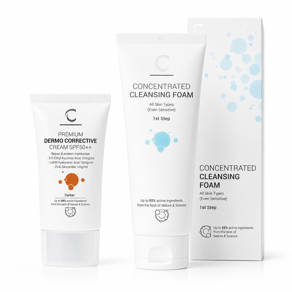 ClinicCare Premium Dermo Corrective Cream Darker and Concentrated Cleansing Foam tubes on white background