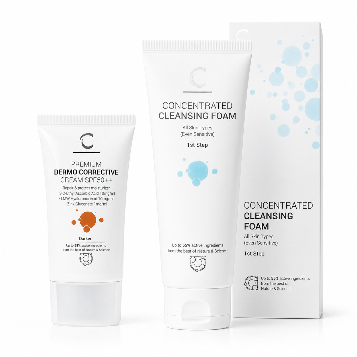 ClinicCare Premium Dermo Corrective Cream Darker and Concentrated Cleansing Foam tubes on white background