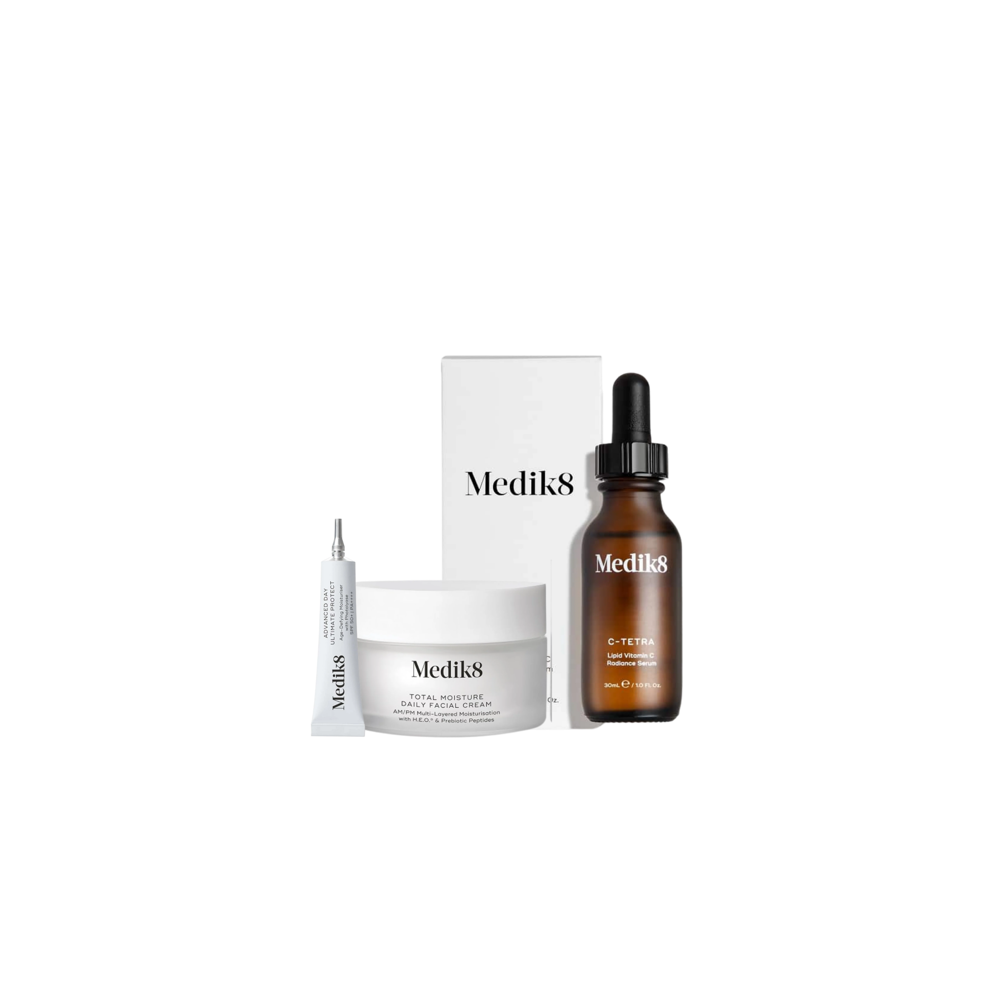 Medik8 Radiance Wrapped Bundle C-Tetra Vitamin C Serum 30ml Total Moisture Daily Facial Cream 50ml+ Free Lux Sample