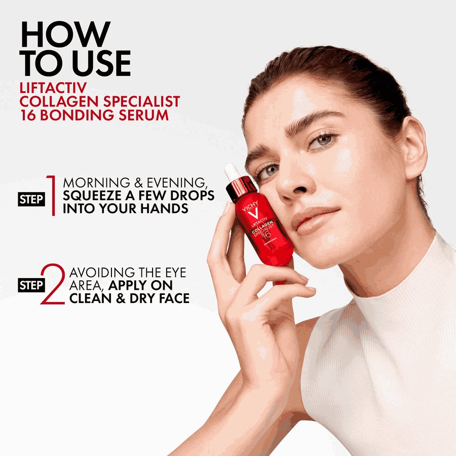 Woman holding a red Vichy Liftactiv Collagen Specialist 16 Bonding Serum 30ml bottle with usage instructions on a white background