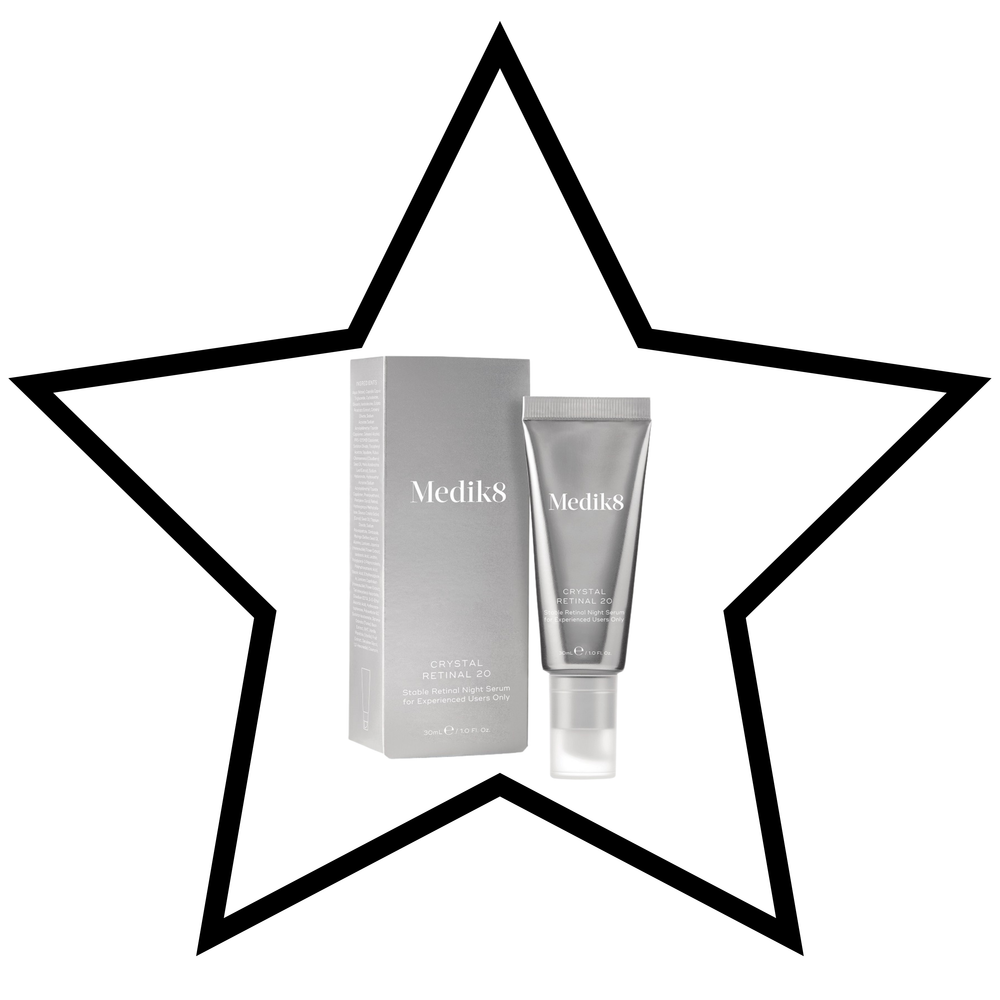 Medik8 skincare products inside a star-shaped border on a white background