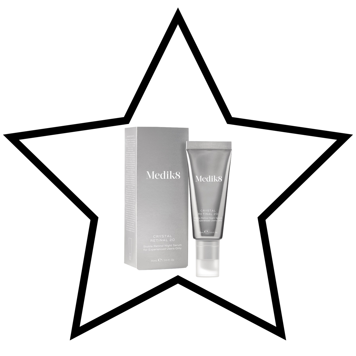 Medik8 skincare products inside a star-shaped border on a white background