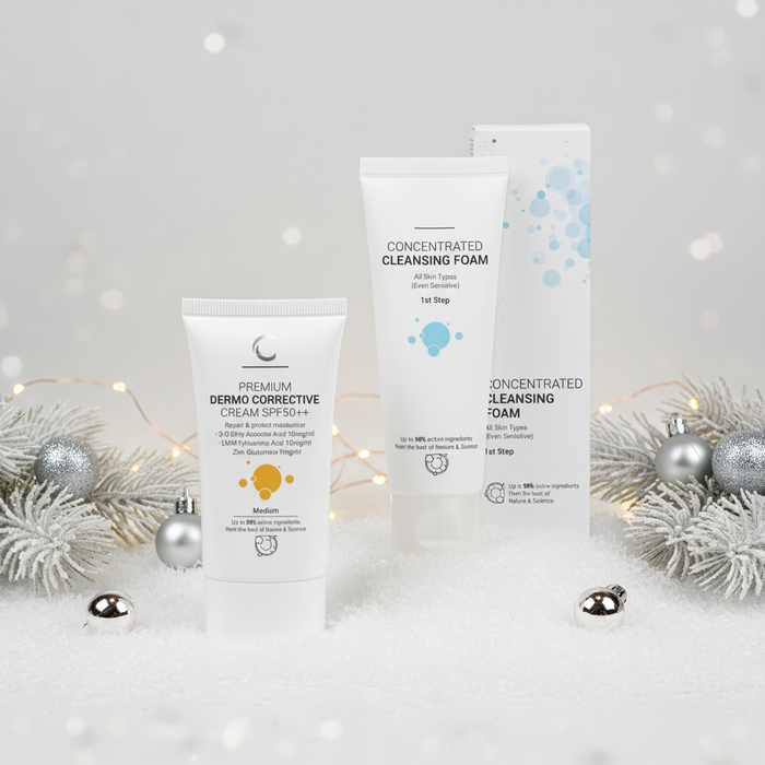 ClinicCare Premium Dermo Corrective Cream and Concentrated Cleansing Foam with festive Christmas decorations