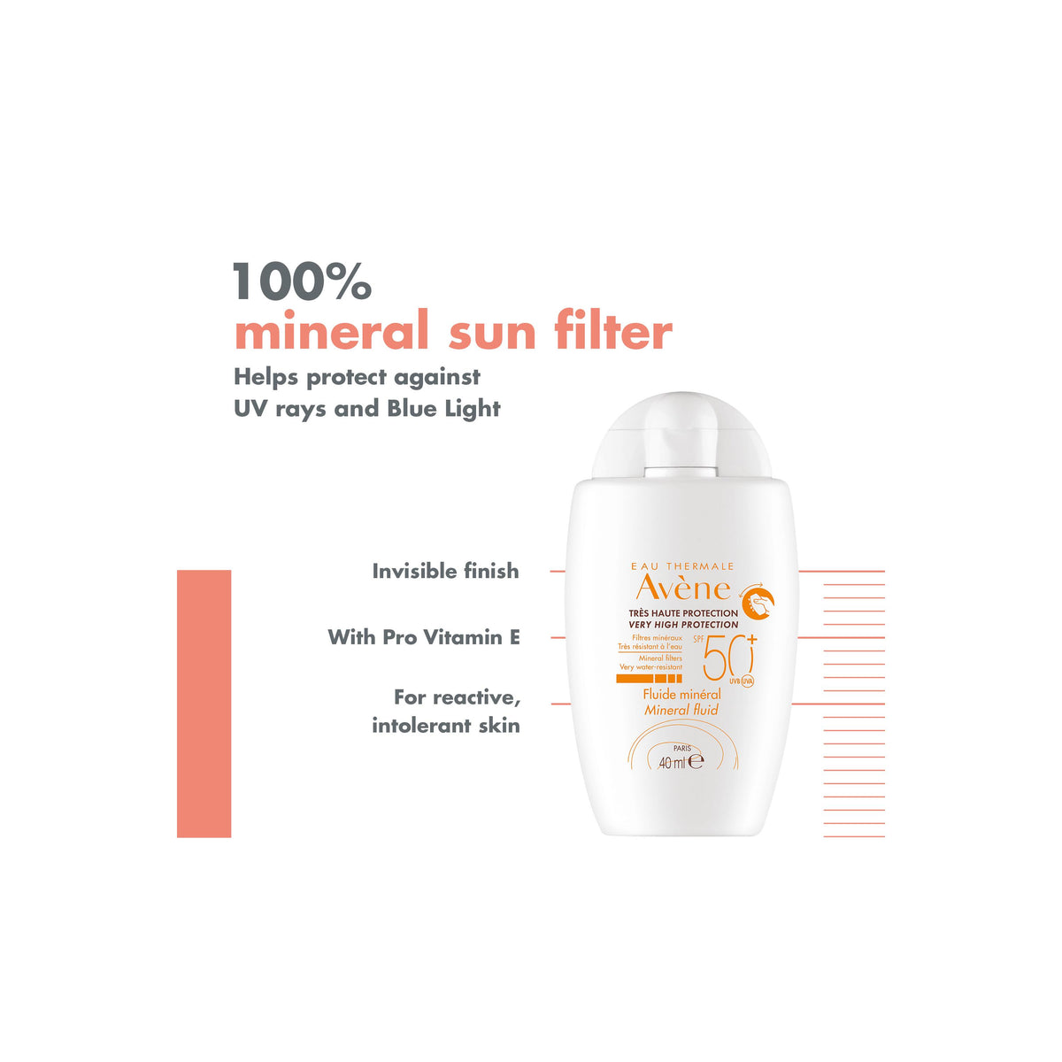 Avene sunscreen bottle with product details on a white background