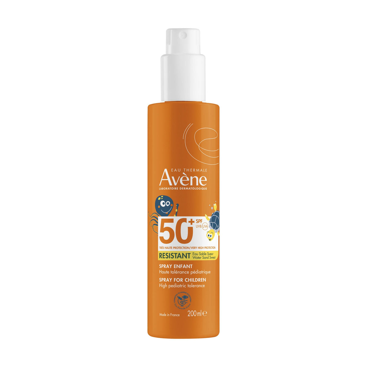 Avene sun spray bottle with orange label on a white background