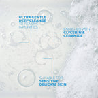Product packaging with text about ultra gentle deep cleanse, glycerin, ceramide, and suitability for sensitive skin.