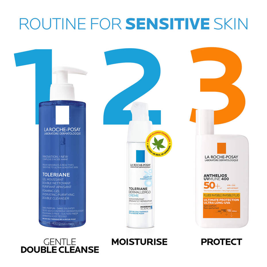 Three La Roche-Posay skincare products with step-by-step instructions for sensitive skin on a white background.