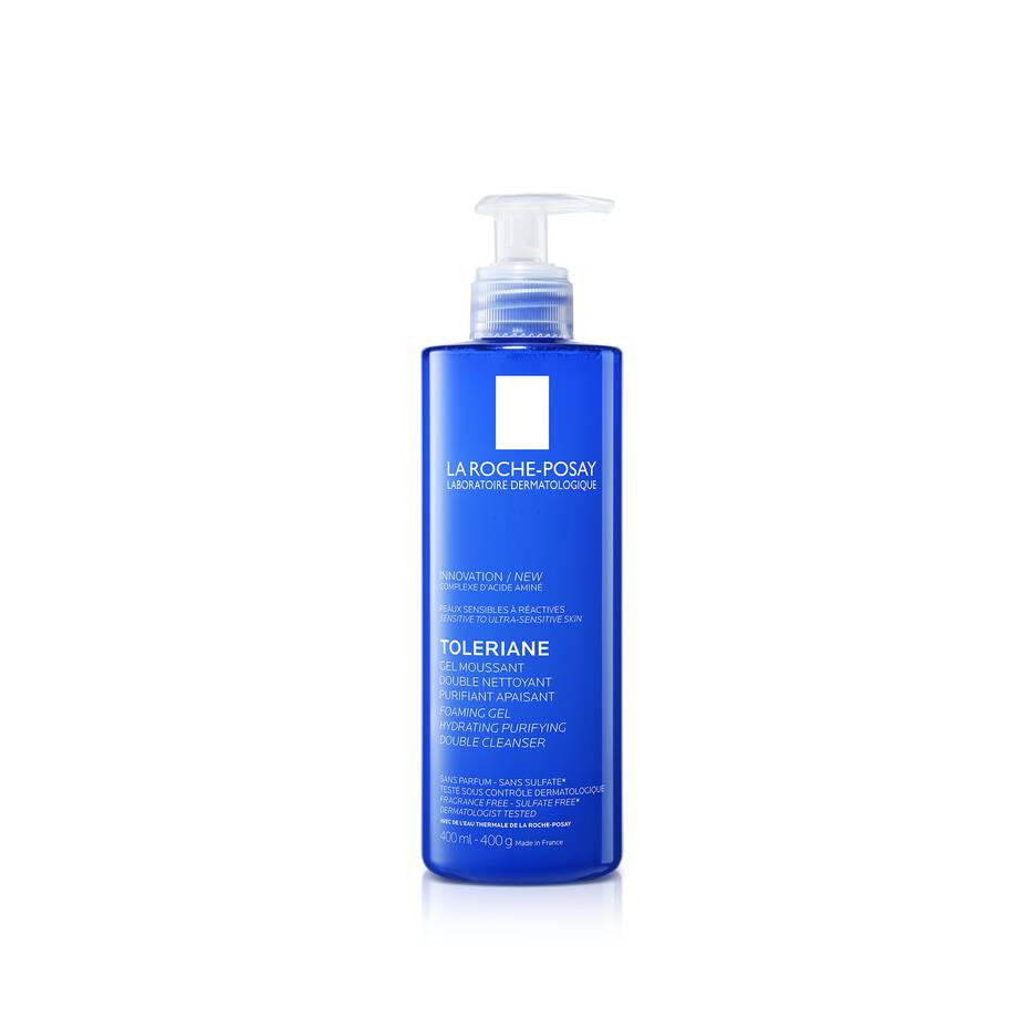 Blue bottle of La Roche-Posay Toleriane on a white background