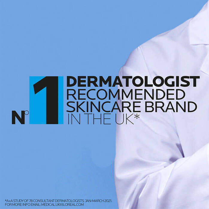 Advertisement for a skincare brand with a dermatologist in the background on a blue background
