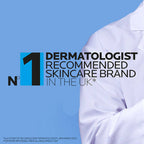 Advertisement for a La Roche Posay with a dermatologist in the background on a blue background
