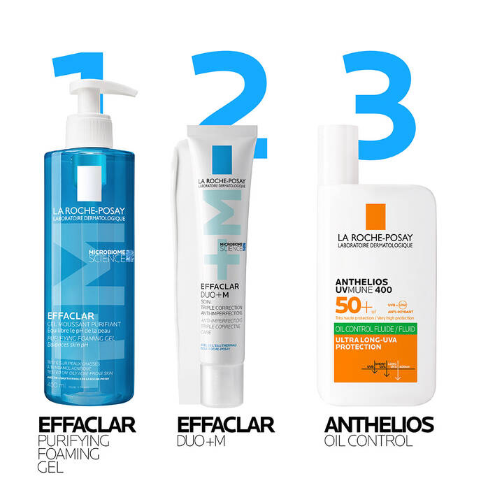 Three La Roche-Posay skincare products with labels on a white background