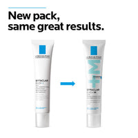 Two tubes of La Roche-Posay Effaclar Duo+ with a blue arrow pointing to the new packaging.