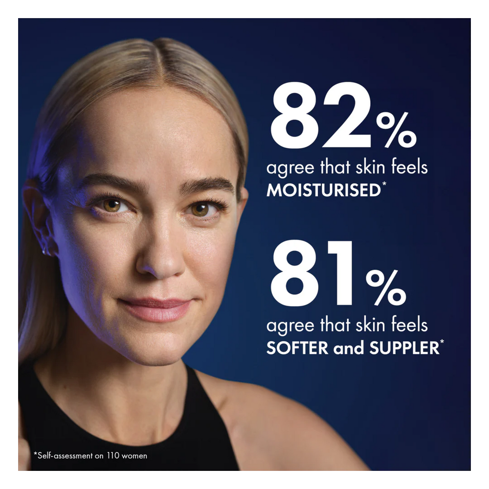 Woman with text indicating skin moisturization and softness percentages on a blue background