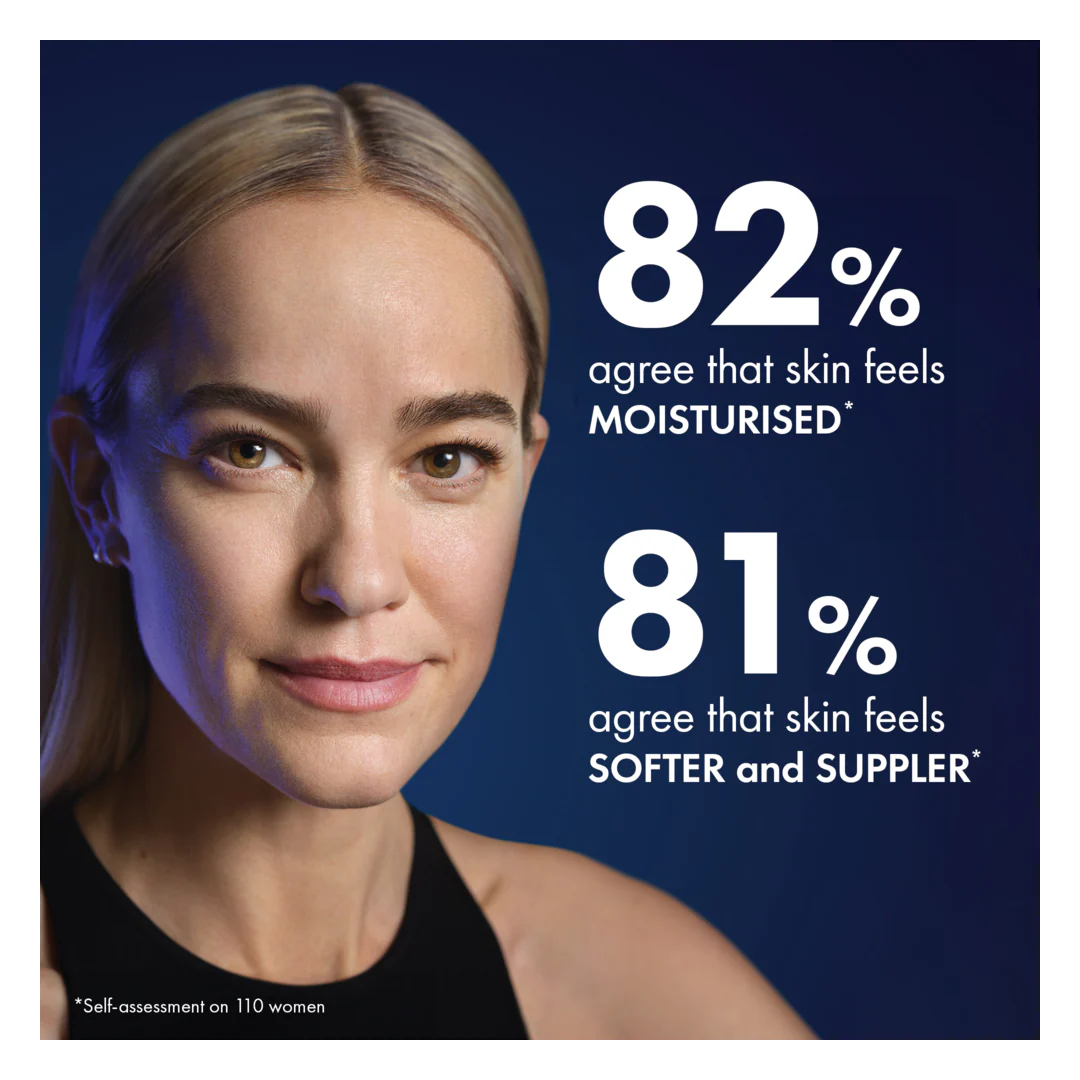 Woman with text indicating skin moisturization and softness percentages on a blue background