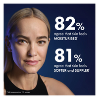 Woman with text indicating skin moisturization and softness percentages on a blue background