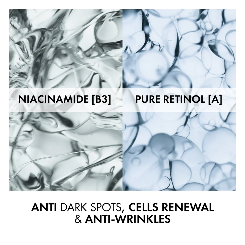 Comparison of Niacinamide and Pure Retinol with text describing their effects on skin.