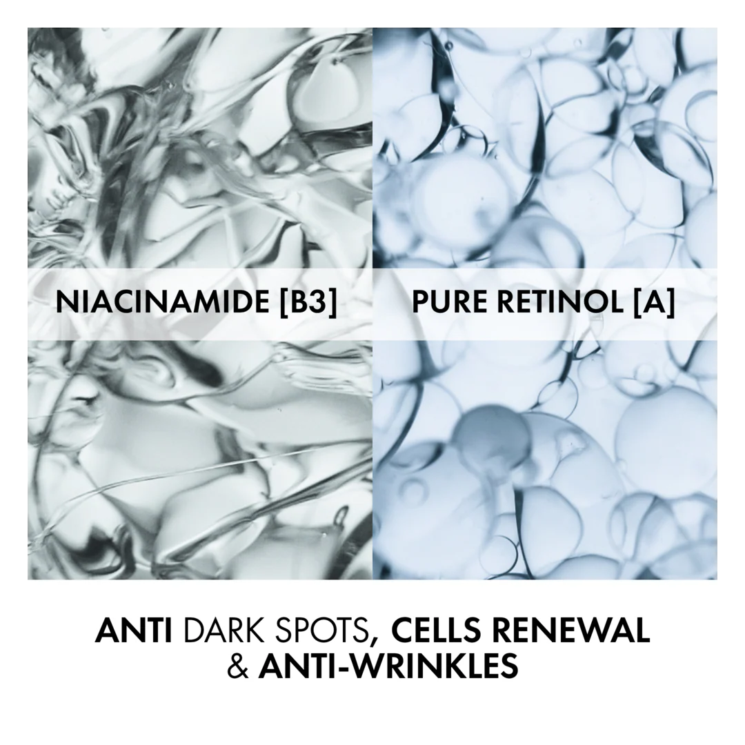 Comparison of Niacinamide and Pure Retinol with text describing their effects on skin.