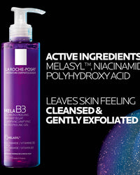 La Roche-Posay Mela B3 skincare product with active ingredients listed on a black background