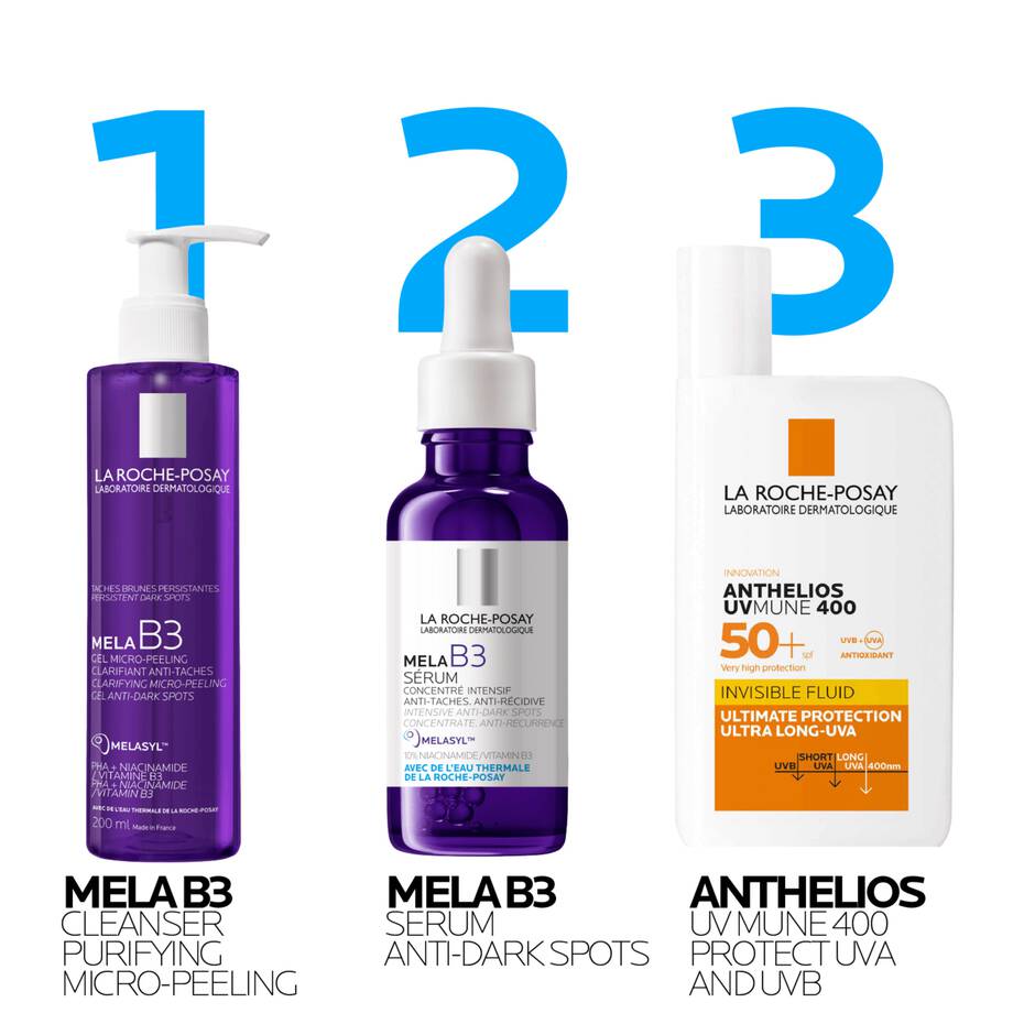Three La Roche-Posay skincare products with product names and features displayed.