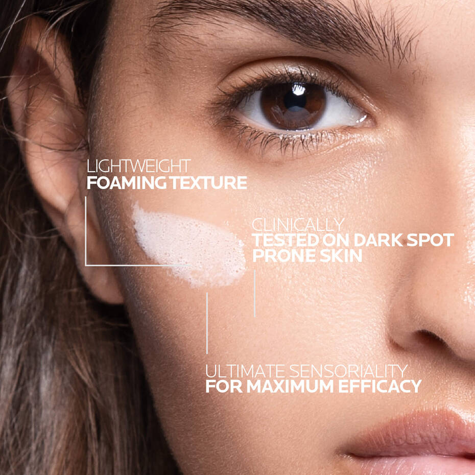 Close-up of a woman's face with text highlighting product features