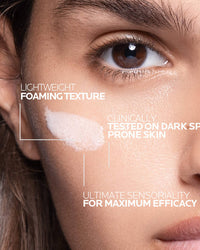 Close-up of a woman's face with text highlighting product features