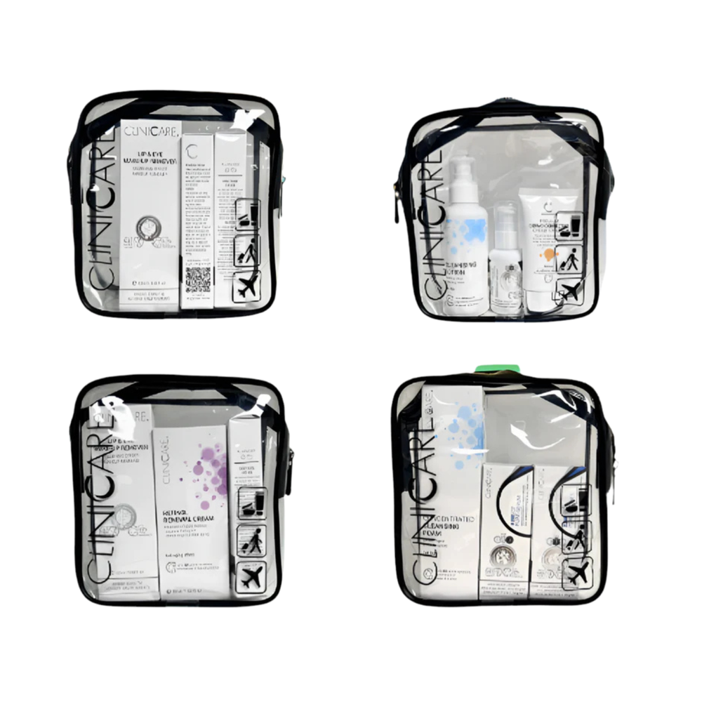 Four ClinicCare clear travel bags filled with different skincare product combinations