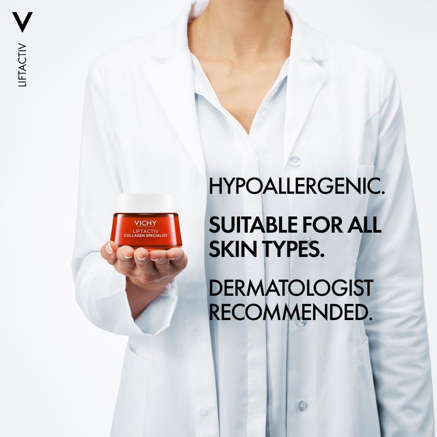 Person in a white coat holding a Vichy product with promotional text about skin care.