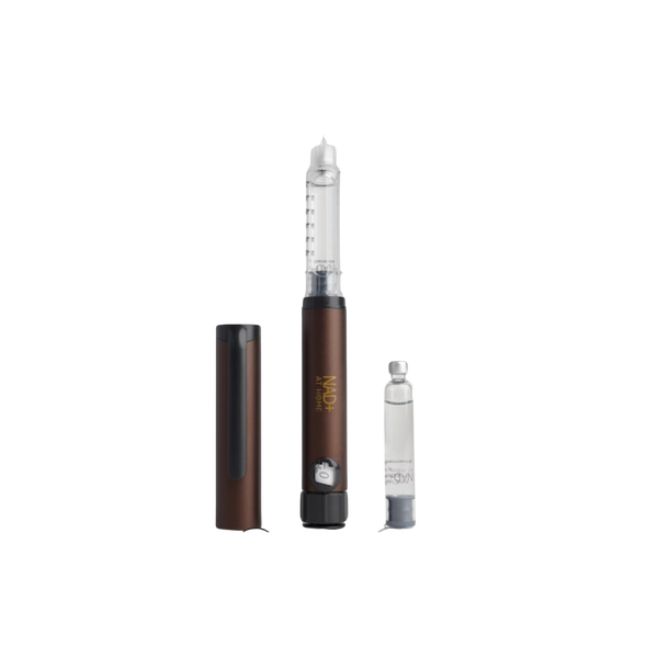 A  NAD+ Home Injection Pen kit including a premium auto-injector pen, two cartridges, a travel case, micro-needles, antibacterial wipes, and a sharps bin.