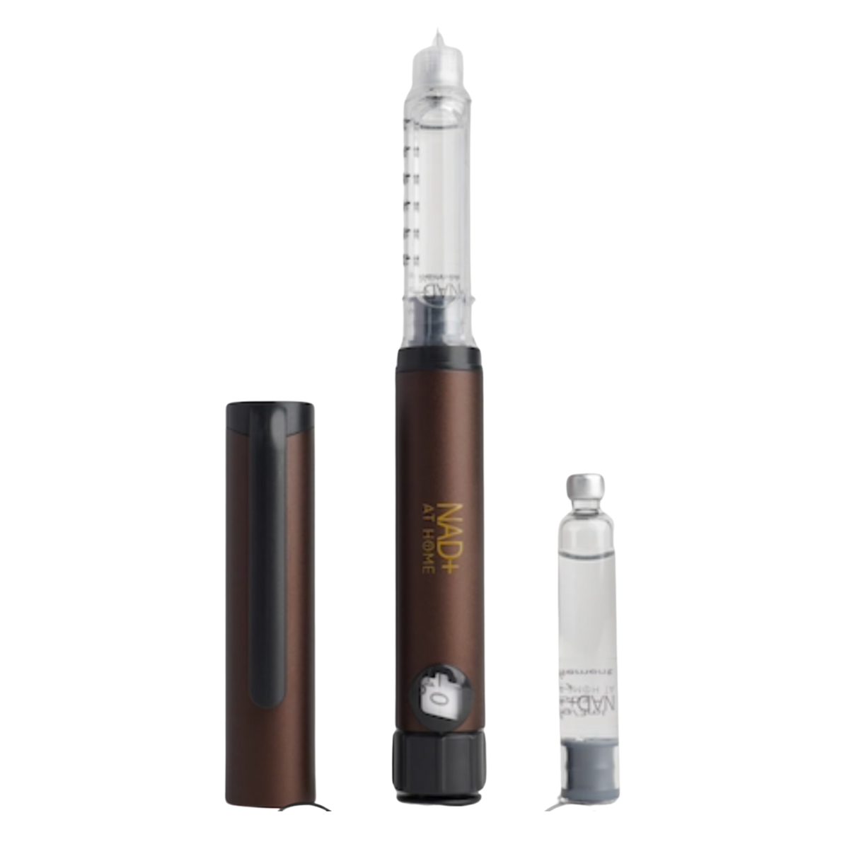 A  NAD+ Home Injection Pen kit including a premium auto-injector pen, two cartridges, a travel case, micro-needles, antibacterial wipes, and a sharps bin.